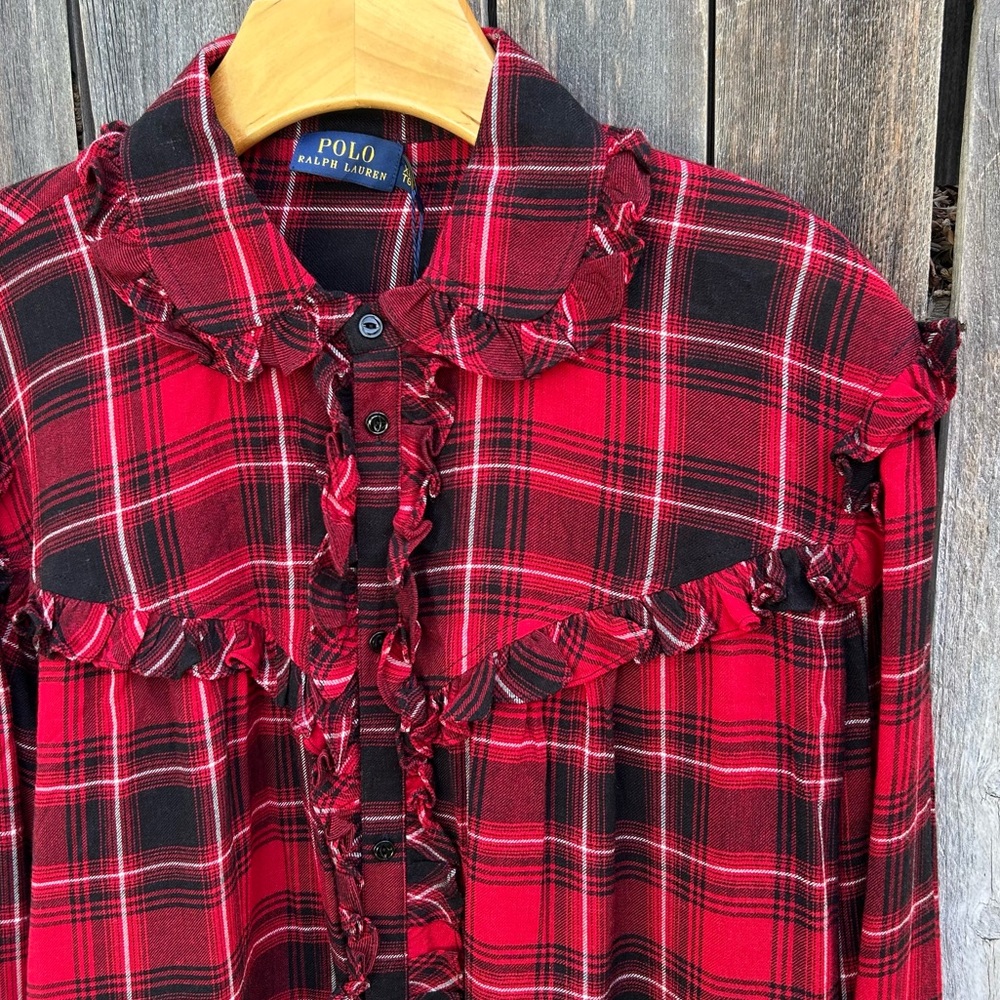NWT Polo Ralph Lauren Ruffle Plaid Shirt Blouse Viscose Wool Red Black XL - Picture 5 of 16